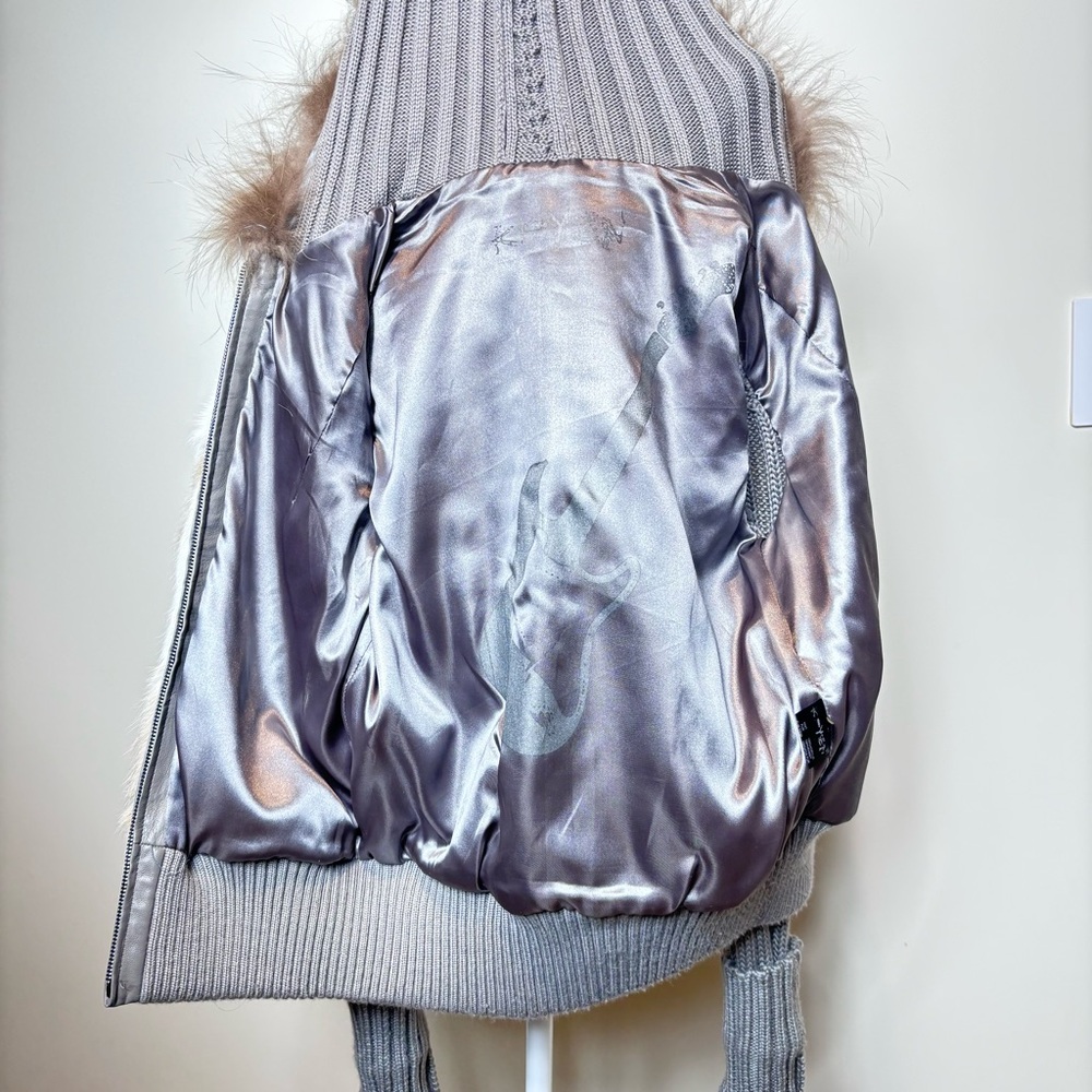 Rabbit Fur and Cable Knit Cardigan Jacket with Hood - Picture 14 of 15